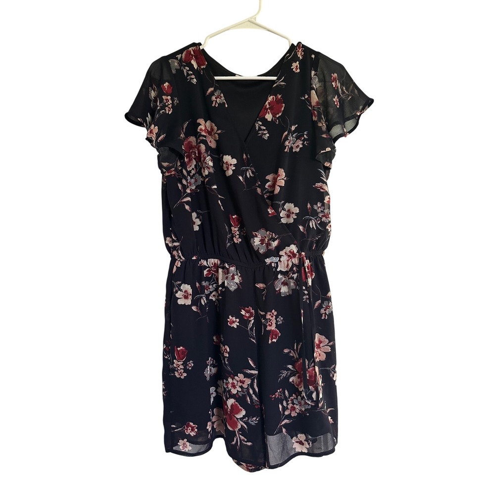 Maurices Womens Floral Surplice Romper Navy Pink Flutter Sleeve Size S